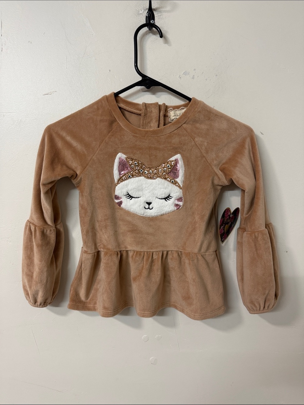 btween Tan Velvet Long Sleeve Peplum Top with Kitty Applique